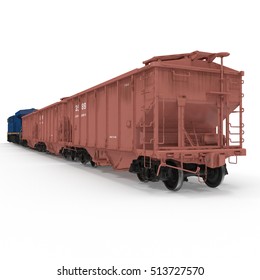 Cargo train with bogie Hopper Wagon on white. 3D illustration
