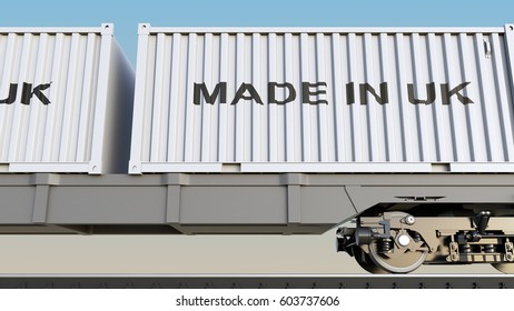 Cargo Train And Containers With MADE IN UK Caption. Railway Transportation. 3D Rendering