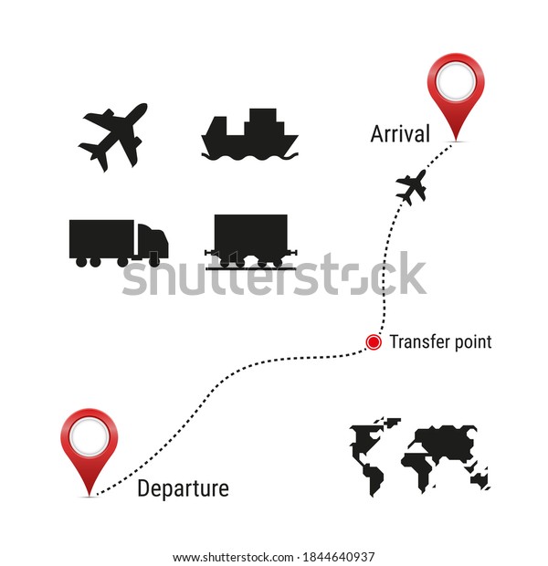 Cargo transportation icon set and route\
template. Simple world map. Airplane, container ship, wagon,\
railway car silhouette icons.\
illustration.