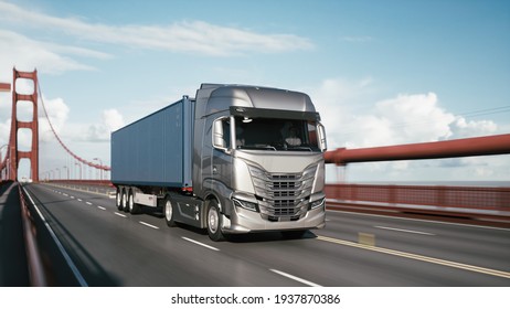 Cargo Truck With Container Driving On The Bridge. Semi-Truck With Cargo Trailer. 3d Illustration