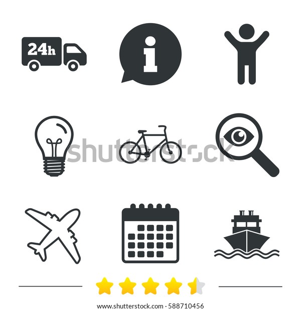 Cargo truck and
shipping icons. Shipping and eco bicycle delivery signs. Transport
symbols. 24h service. Information, light bulb and calendar icons.
Investigate magnifier.
