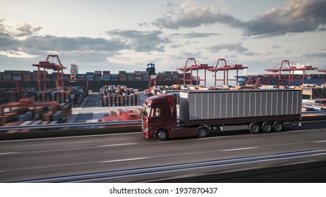 Cargo Truck With White Trailer. Cargo Truck On The Port Terminal Background. 3d Illustration