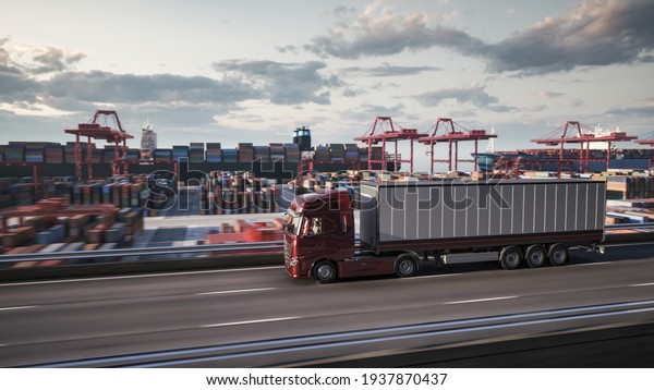 Cargo truck with white\
trailer. Cargo truck on the port terminal background. 3d\
illustration