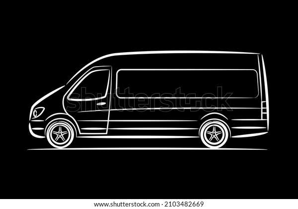 Cargo van abstract silhouette line\
art view from side. Flat illustration on black\
background.