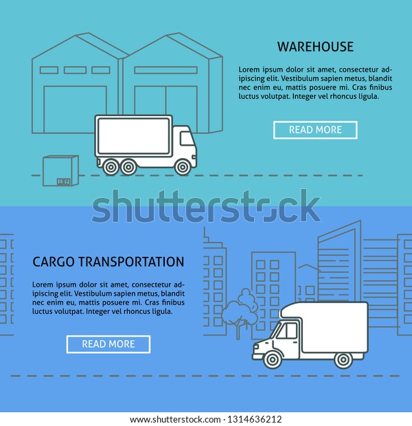 Cargo and warehouse\
horizontal banner templates in thin line style. Logistic and\
transportation concept symbols. Trucking services illustration with\
place for text.