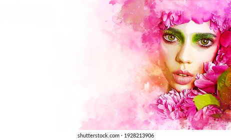 Caricature Cartoon Beautiful Girl With Creative Make-up. Effect Photo Processing. 