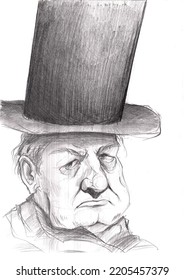 Caricature Grumpy Man In Top Hat, Pencil Portrait