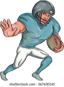 Caricature Illustration Of An American Football Player Carrying Ball With Stiff Arm Forward Defending Viewed From Front Set Inside On Isolated White Background.