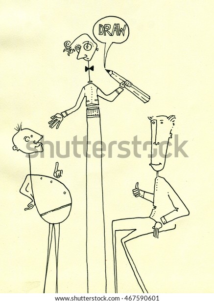 Caricature Illustration Three Men Big Pencil Royalty Free