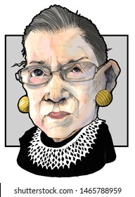 Caricature Portrait Of United States Supreme Court Justice, Ruth Bader Ginsburg, Circa 2019, Grey Background