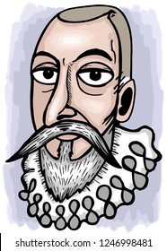 Caricature Of Spanish Writer Miguel Cervantes.