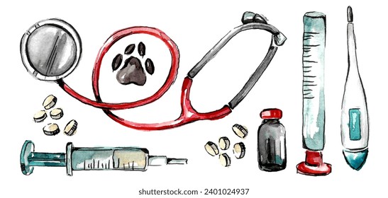 Caring for animals. Small vet kit. stethoscope, syringes for feeding and vaccinations, a thermometer and a bottle with a red lid and a scattering of vitamins. Hand-drawn watercolor illustration  - Powered by Shutterstock