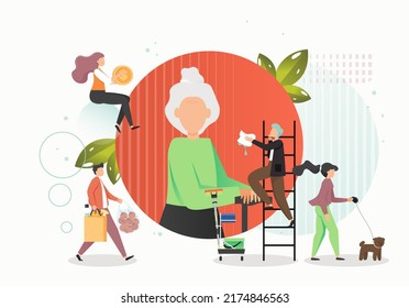 Caring For Elderly Concept Flat Illustration. People Taking Care Of Senior Woman Buying Food, Walking The Dog, Cleaning House, Helping With Money. Care And Support For Seniors, Volunteering.