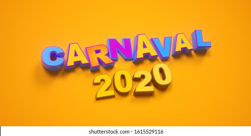 Carnival Or Carnaval 2020 Colorful Texture Font. Rio De Janeiro Holiday Card Design Template. Isolated On Yellow.