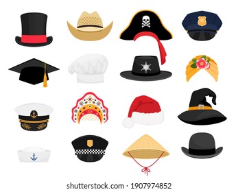 Carnival costumes hats. Fashion hat clothes accessory collectiorn, vintage police sheriff and traditional russian kokoshnik, witch and chef hats outfit