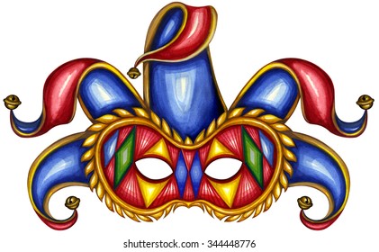 Carnival Mask. Watercolor Painting. Jester Clown Hat With Bells. Masquerade Party. Joker Cap For Royal Ball. Vintage Illustration Of King Court For Poster. Humorist Crown.Isolated On White Background.