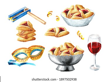 Carnival mask, Wooden gragger grogger noise maker, glass of wine and Traditional Jewish cookies Hamantaschen for Purim holiday set. Hand drawn watercolor illustration isolated on white background