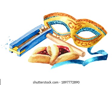 Carnival Mask, Wooden Traditional Toy Gragger Grogger Noise Maker And Traditional Jewish Cookies Hamantaschen For Purim Holiday. Hand Drawn Watercolor Illustration Isolated On White Background