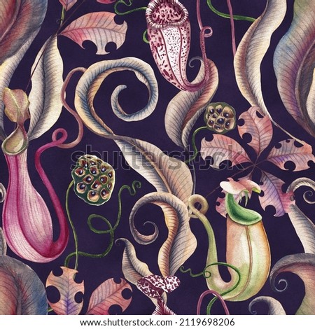 Carnivorous plants seamless pattern Dark exotic leaves print Watercolor fantasy flowers Enchanted fairytale garden