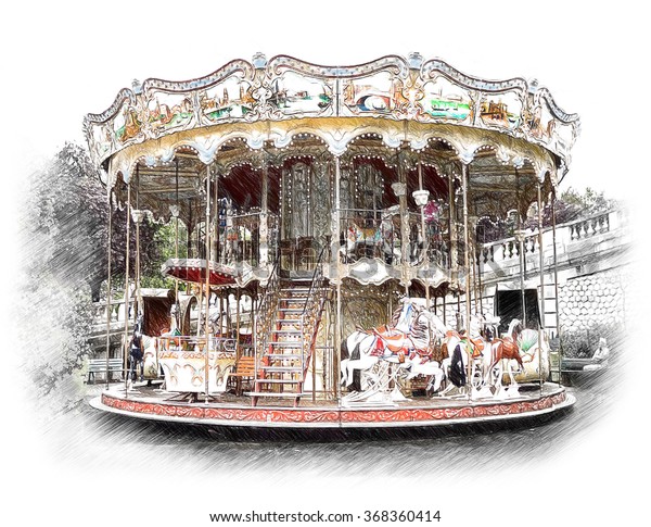 Carousel Merrygoround Paris Illustration Draw Sketch のイラスト素材