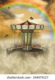 carousel in the sky with rainbow and butterfly