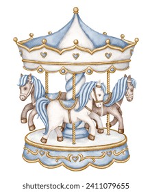 Carousel watercolor clipart. Blue carousel Horse. Nursery clipart. Amusement park illustration.