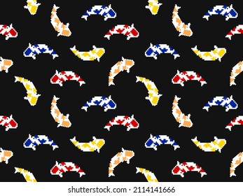 Carp cartoon character seamless pattern on black background.Pixel style