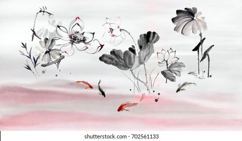 Carp frolicking among the lotus flowers, the leaves and flowers art design