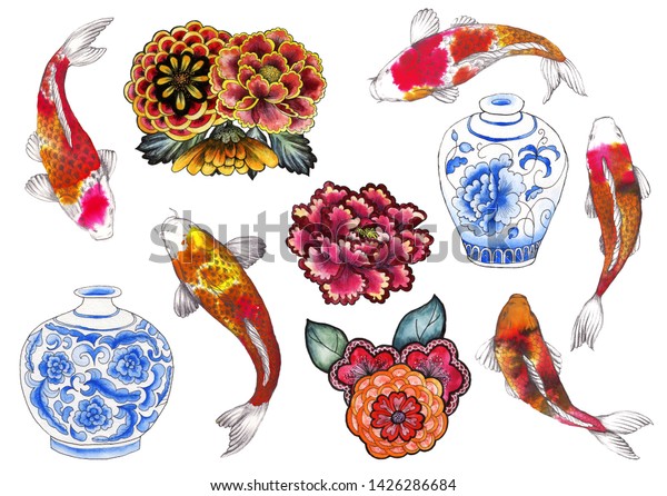 Carp Koi Fish Vase Flowers Painted Stock Illustration 1426286684