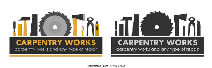 Carpentry works and any type of repair. Logo of handyman services. Carpenter. Hand tools of universal workshop. Home repair service. Woodworking carpentry shop. Foreman of woodworks. Isolated  - Powered by Shutterstock