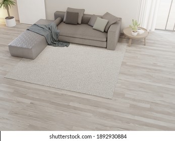 Carpet And Sofa Near White Wall Of Bright Living Room In Modern House Or Apartment. Home Interior 3d Rendering With Parquet Floor.