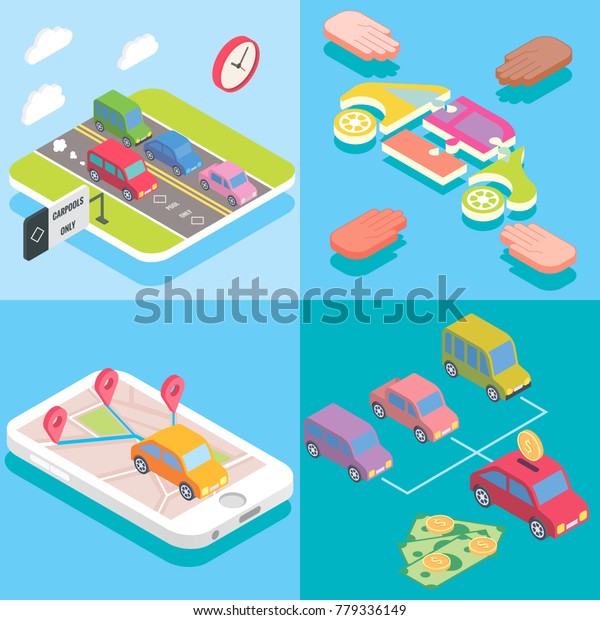 Carpool service concept in isometric style\
design. Flat 3d icons. People sharing cars. Mobile smartphone to\
share ride and use carpooling HOV lane. Sharing economy and\
collaborative\
consumption.