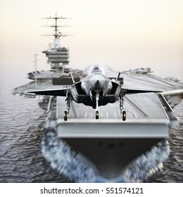 Carrier jet takeoff . Advanced F-35 aircraft jet taking off from a navy aircraft carrier. 3d rendering