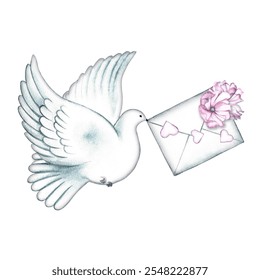 A carrier pigeon holding an envelope decorated with pink flowers and hearts. A hand-drawn watercolor illustration. A letter with declarations of love, Valentine's Day, invitations, wedding greetings. - Powered by Shutterstock