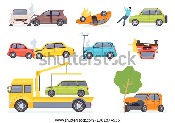 Cars accident. Insurance transportation on tow\
truck, auto collision with tree or street light. Vehicle crash \
set. Illustration insurance car, vehicle transportation after road\
accident
