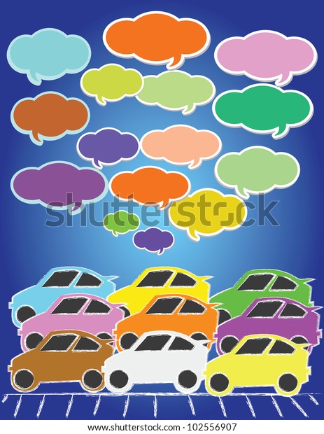 Cars and bubbles on blue\
background