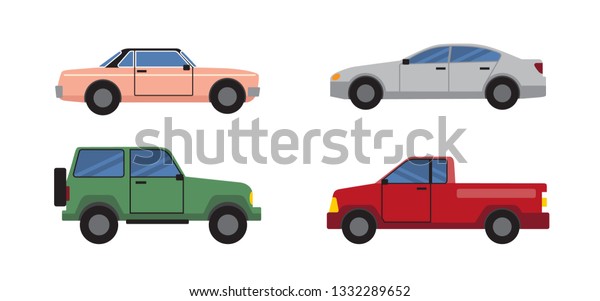 Cars collection of different colors and
models, big vehicle and personal transport in city for people to
get to destination raster
illustration