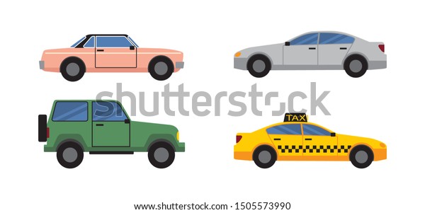 Cars collection of different colors and models\
personal transport public taxi vehicle retro automobile off-road\
jeep white sedan\
raster