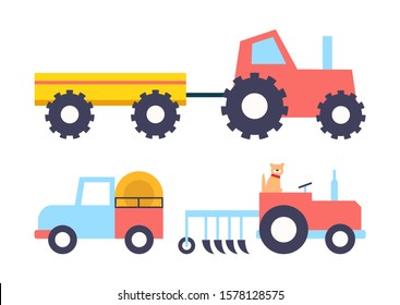 Cars With Equipment Working On Farm Cartoon Raster Icon. Tractor With Empty Trailer, Truck With Bales Of Hay And Cat Driving Small Machine With Plow