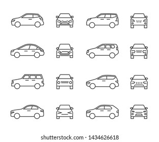 Cars Front And Side View Line Signs, Auto Symbols. Vehicle Outline Icons Isolated On White Background. Auto Vehicle Car, Illustration Of Automobile Transport