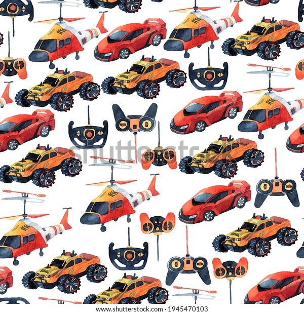 Cars and helicopters on the control panel in\
a seamless pattern. Watercolor illustration on a male theme for\
children and\
adolescents