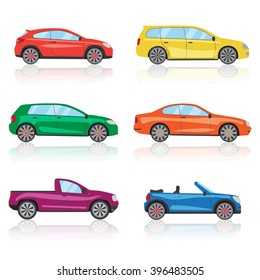 Cars Icons Set. 6 Different Colorful 3d Sports Car Icon. Car Graphic Illustration