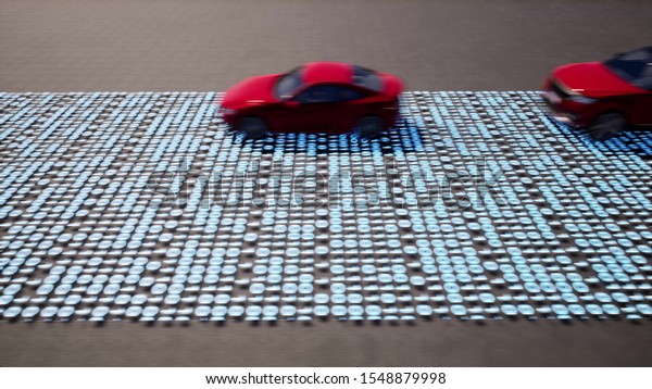 Cars on road with\
binary code 3d render. Vehicles driving highway. Virtual transport.\
Automobiles on futuristic road. Cyberspace traffic with realistic\
colorful 3d auto