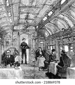 The Cars Of The Pacific Railroad. The Dining Car, Vintage Engraved Illustration. Journal Des Voyages, Travel Journal, (1879-80).