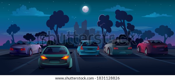 Cars at parking lot in night city street,\
background flat cartoon illustration. Outdoor parking lot and cars\
with taillight on, automobiles backs on parking, city night with\
moon and trees