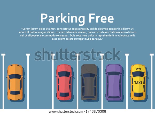Cars are standing on parking\
view from above. Parking for cars. Street traffic and transport\
elements. Passenger machinery stand in traffic jam. Flat\
design.