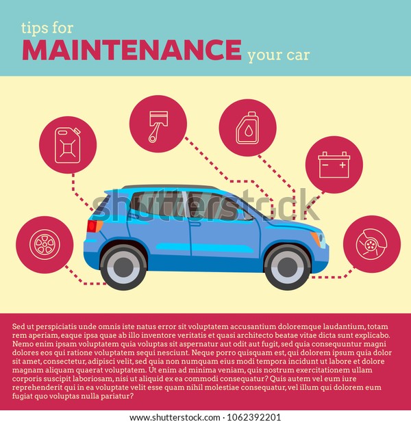 Cars tips illustration. Blue suv and line\
icons. Transportation 4x4 vehicle\
machine
