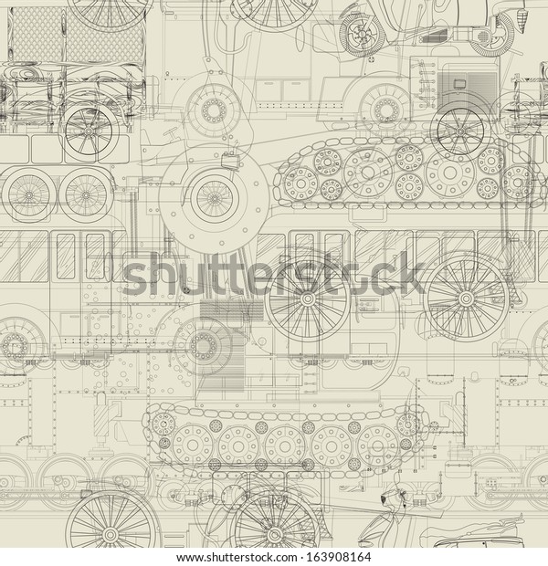 Cars, trains and construction vehicle\
drawing, seamless pattern background.\

