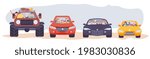 Carsharing carpooling collaborative consumption. Happy people passenger driver riding different car bundle. Motorway traffic. Man woman common journey, road trip. Mobile city transportation