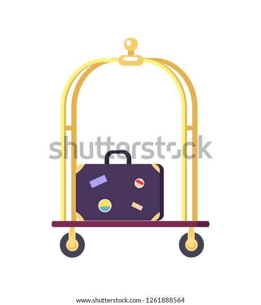 Bellman’s cart with golden shiny poles and\
blue suitcase with stickers on it. raster illustration of hotel\
stuff isolated on white\
background